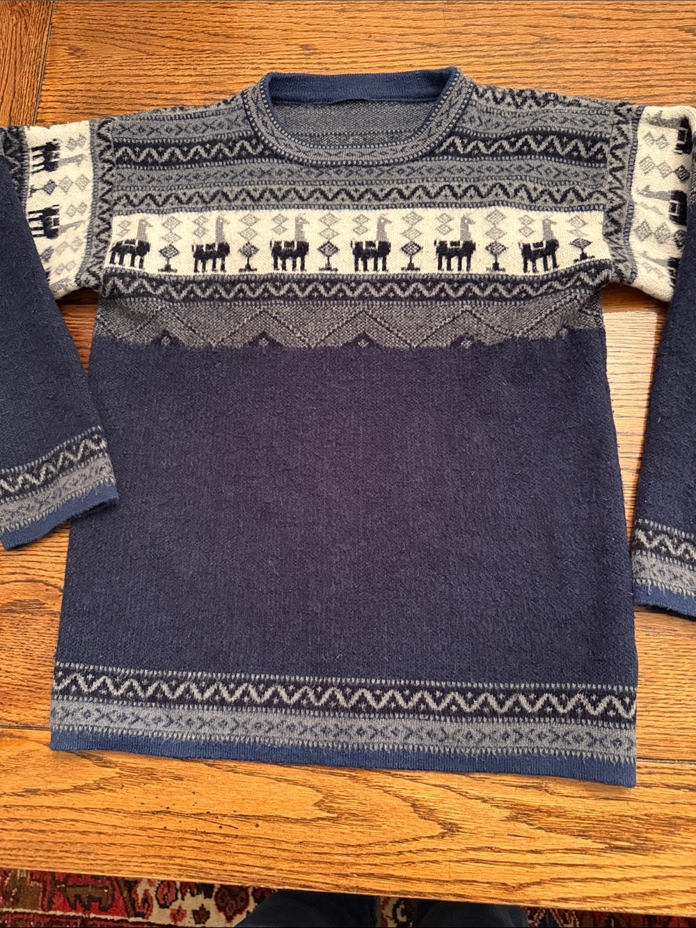 Andean Alpaca Wool Blend Llama Sweater Navy Fair Isle Ecuador Artisan Style